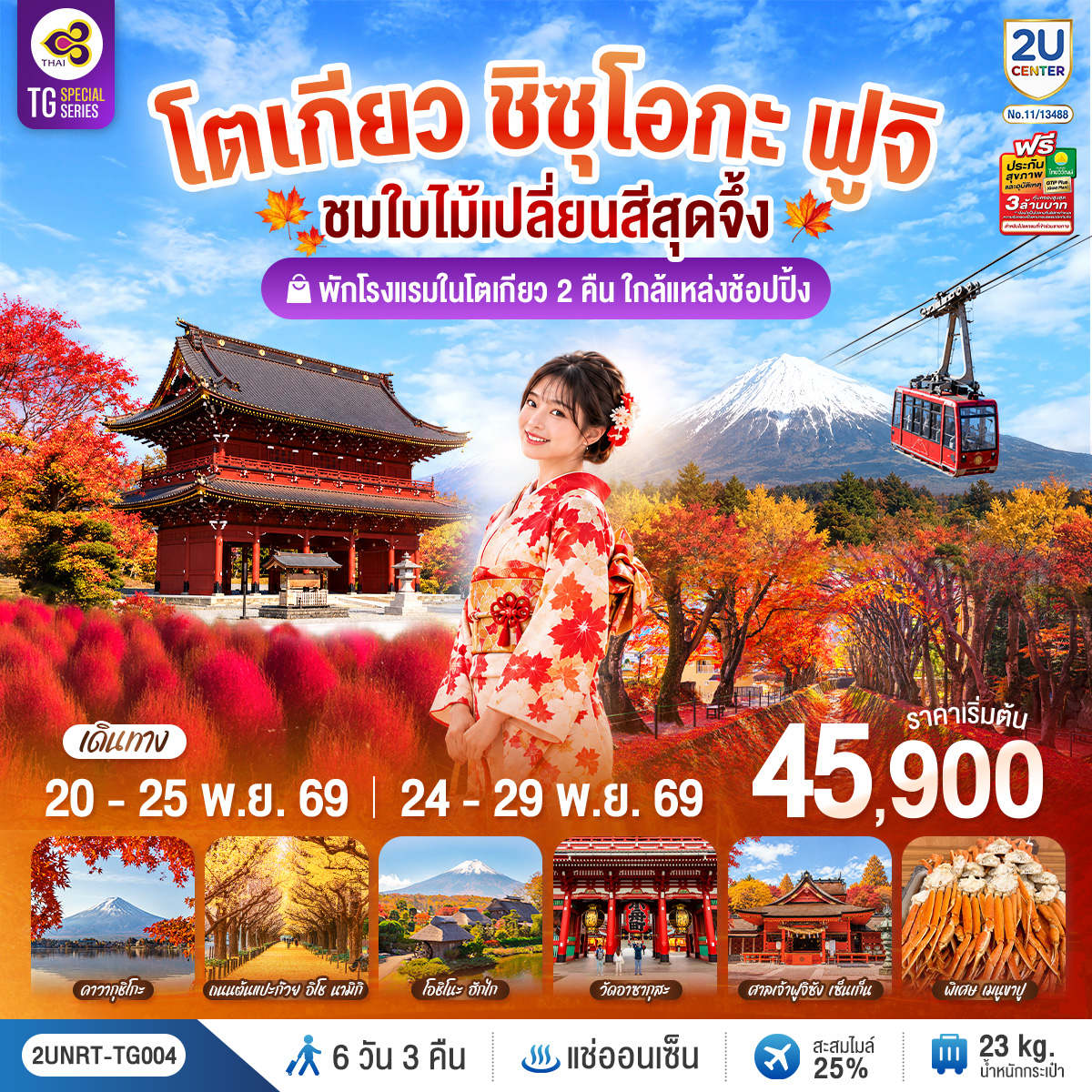 ทัวร์ญี่ปุ่น โตเกียว (อิสระ1วัน) ชิซุโอกะ ฟูจิ นั่งกระเช้าคาจิคาจิ ใบไม้เปลี่ยนสี 6วัน3คืน พ.ย.69 บิ