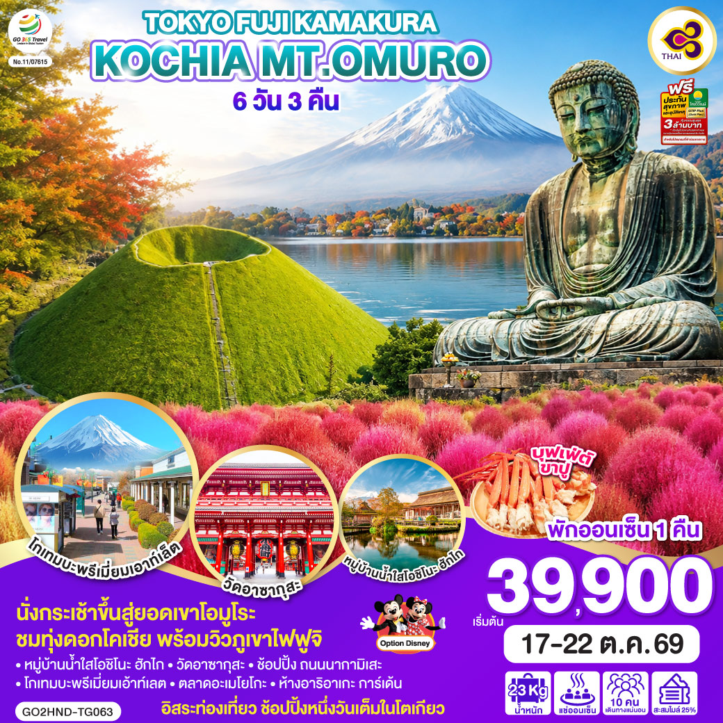 ทัวร์ญี่ปุ่น โตเกียว (อิสระ1วัน) ฟูจิ คามาคุระ ทุ่งดอกโคเชีย ภูเขาโอมูโระ 6วัน3คืน 17-22ต.ค.69 บิน T